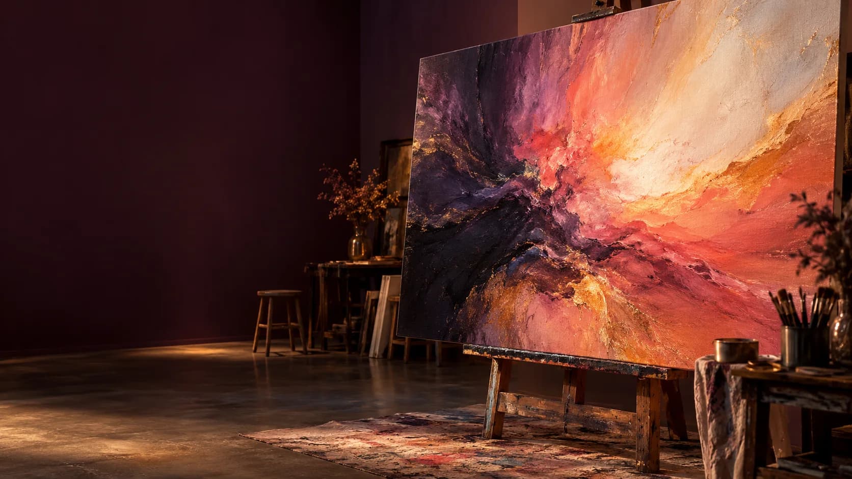 A richly painted canvas glowing in a quiet artist studio